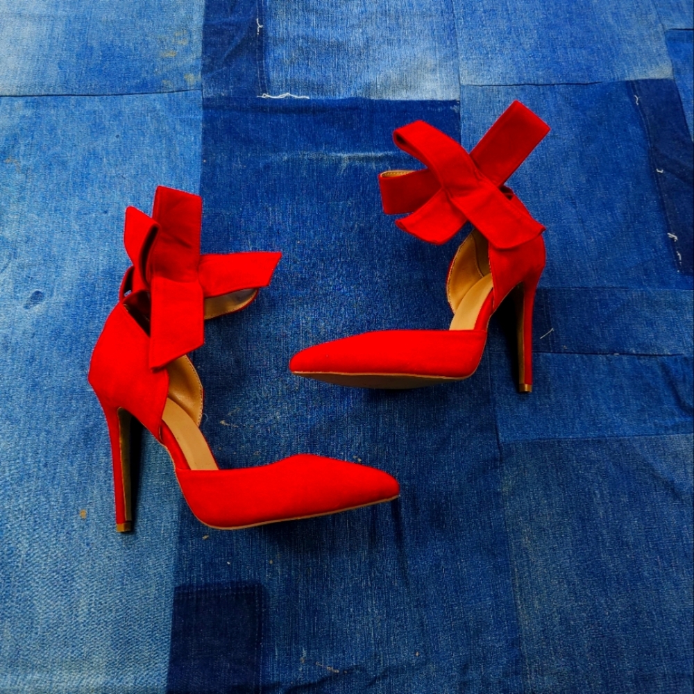 Red velvet ankle strap heels